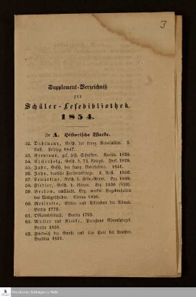 Supplement-Verzeichniß zur Schüler-Lesebibliothek 1854 [der lateinischen Schule]
