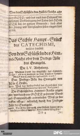 Das Sechste Haupt-Stück des CATECHISMI, welches handelt Von den Schlüsseln des Himmel-Reichs oder dem Predigt-Am[m]t des Evangelii.