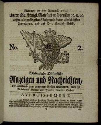 No. 2. Montags, den 8ten Januarii, 1759.