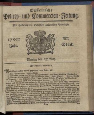 18tes Stueck, Montag den 1ten May. 1786