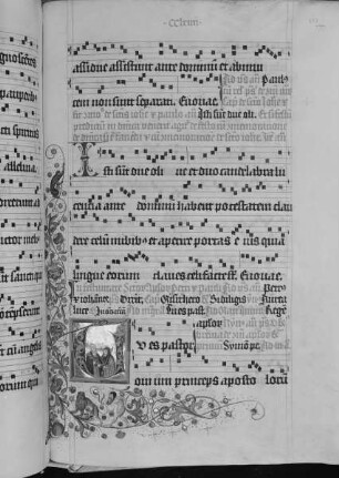 Antiphonarium (Benediktinerhandschrift) — Textseite mit historisierter Initiale und Drolerie, Folio 253recto