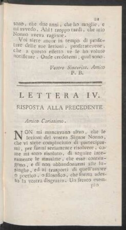 Lettera IV. Risposta Alla Precedente