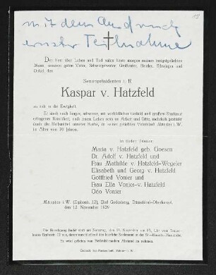Brief von Adolf von Hatzfeld, Matilde von Hatzfeld, Elisabeth von Hatzfeld, Georg von Hatzfeld und Maria von Hatzfeld an Gerhart Hauptmann