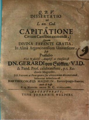 Dissertatio ad L. un. Cod. de capitatione civium censibus eximenda ...