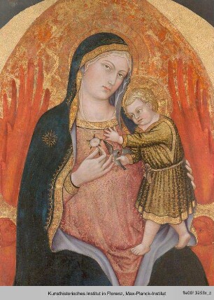 Polyptychon : Maria, thronend auf Seraphim, reicht dem Kind eine Rose