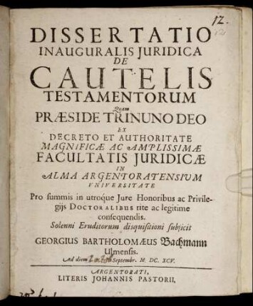Dissertatio Inauguralis Iuridica De Cautelis Testamentorum