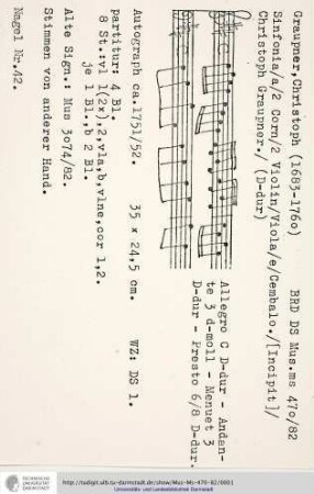 Sinfonia / a / 2 Corn / 2 Violin / Viola / e / Cembalo. / [Incipit] / Christoph Graupner.