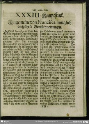 XXXIII. Hauptstuck. Ungemeine von Francisca inniglich verspuehrte Gemuetsneigungen