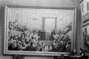 Ausstellung der Sowjetunion im Gebäude des Finanzministeriums der DDR am Werderschen Markt anlässlich der III. Weltfestspiele in Berlin : Gemälde einer politischen Versammlung mit Josef Stalin