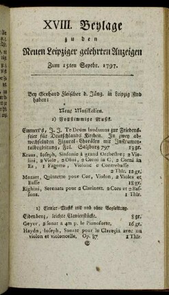 XVIII. Beylage zu den Neuen Leipziger gelehrten Anzeigen - Zum 15ten Septbr. 1797.
