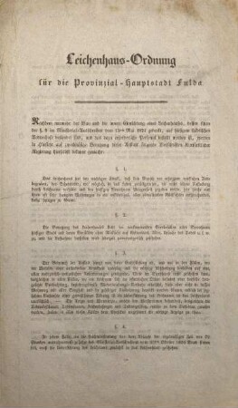Leichenhaus-Ordnung für die Provinzial-Hauptstadt Fulda.