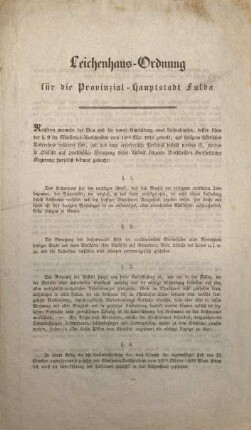 Leichenhaus-Ordnung für die Provinzial-Hauptstadt Fulda.