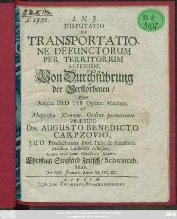 Disputatio De Transportatione Defunctorum Per Territorium Alienum