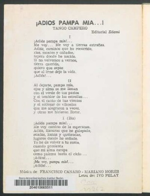¡Adiós Pampa mía! : Tango campero. Editorial Edami