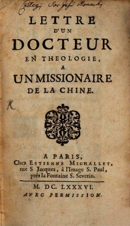Lettre d'un Docteur en théologie à un Missionaire de la Chine