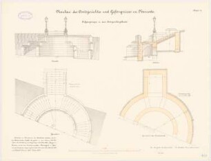 Amtsgericht und Gefängnis, Neurode: Gericht, Aufgangstreppe: Grundriss Fundamente, Erdgeschoss, Aufriss, Schnitt 1:50
