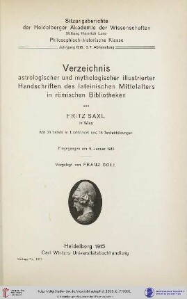 1915, 6.7. Abhandlung: Sitzungsberichte der Heidelberger Akademie der Wissenschaften, Philosophisch-Historische Klasse: Verzeichnis astrologischer und mythologischer illustrierter Handschriften des lateinischen Mittelalters : [1] In römischen Bibliotheken