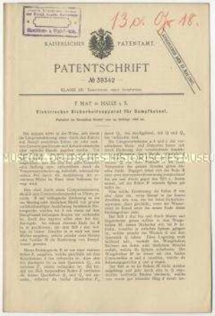 Patentschrift eines elektrischen Sicherheitsapparates für Dampfkessel, Patent-Nr. 39342