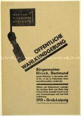 Ankündigung einer Kundgebung der SPD am 13. November 1929 in Leipzig zur bevorstehenden Stadtverordnetenwahl