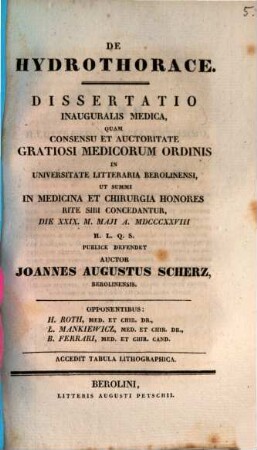 De hydrothorace : diss. inaug. med. ; cum tab. lith.