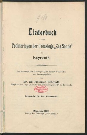 Liederbuch für die Tochterlogen der Grossloge "Zur Sonne" in Bayreuth