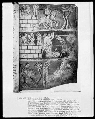 Tristan und Isolde — Dreistreifige Bildseite mit sechs Darstellungen, Folio 107 recto