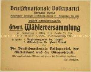 Einladung der Deutschnationalen Volkspartei Verband Hansa zu einer öffentlichen Wählerversammlung mit Rede über "Die Deutschnationale Volkspartei, der Mittelstand und die Bürgerschaft" am 6. März 1919