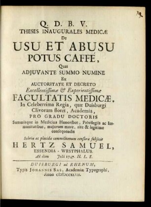 Theses Inaugurales Medicæ De Usu Et Abusu Potus Caffé