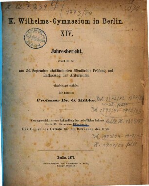 Jahresbericht : über das Schuljahr Ostern .... 1873/74