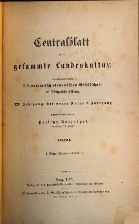 Centralblatt für die gesammte Landeskultur. 20. 1869