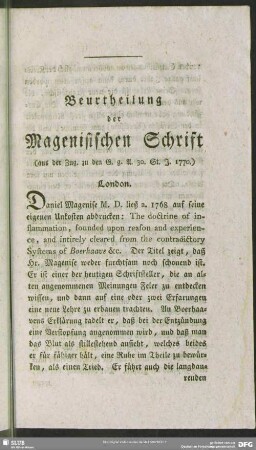 Beurtheilung der Magenisischen Schrift
