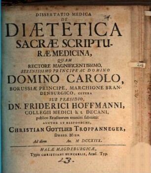 Diss. med. de diaetetica s. scripturae medicina