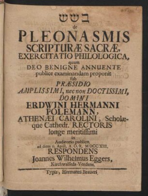[...] de Pleonasmis Scripturæ Sacræ, Exercitatio Philologica