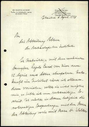M. Schede an DAI Athen