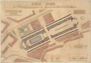 Fischer, Theodor; München, Maximiliansplatz; Bebauungsvorschlag - Lageplan, Querschnitte, Längsschnitt, Schnitt
