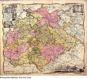 Neue Sächsische Post-Charte : Schenk, Pieter d. J. (Hersteller): Neue Sächsische Post-Charte. Kupferstich, koloriert; 50,8 x 59,5 cm. 1734. Dresden: SLUB A19581