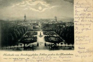 Postkartenalbum August Schweinfurth mit Karlsruher Motiven. "Karlsruhe vom Großherzoglichen Schloss gesehen bei Mondschein"