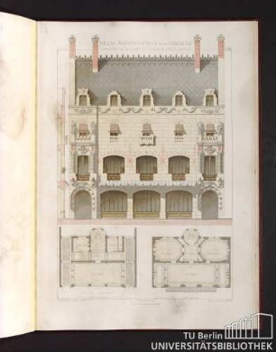 Villas, maisons de ville et de campagne. Composées sur les motifs des maisons de Paris moderne. Maison de Commerce. Coupe. Rez-de-chaussée. 1er Etage.