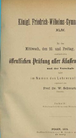 Zu der ... stattfindenden öffentlichen Prüfung ladet ... ergebenst ein. 1877/78