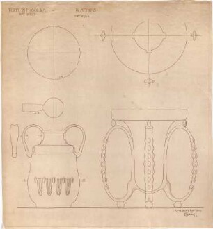 Billing, Hermann; Karlsruhe (Baden-Württemberg); Majolika-Entwürfe, Großherzogliche Manufaktur - Töpfe in Majolika, Topf Nr. 7, 8 (Ansichten; Schnitte)