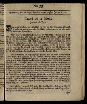 No. 30. Hamburg, Donnerstags, den ein und zwanzigsten Januarii 1740.