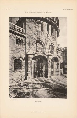 Karl Müllersches Volksbad, München: Ansicht Hauptportal (aus: Atlas zur Zeitschrift für Bauwesen, hrsg. v. Ministerium der öffentlichen Arbeiten, Jg. 52, 1902)