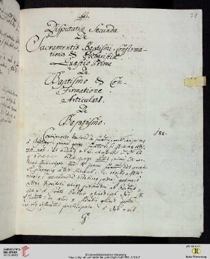 Disputatio Secunda De Sacramentis Baptismi, Confirmationis & Eucharistiae