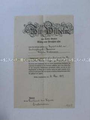 Urkunde zur Beförderung von Wilhelm Endemann zum Leutnant der Reserve - Personenkonvolut