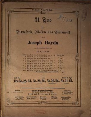 31 Trio : für Pianoforte, Violine u. Violoncell, 10. Trio No. 28 G-Dur, No. 29 F-Dur, No. 30 D-Dur, No. 31 G-Dur