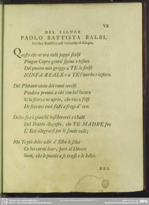 Del Signor Paolo Battista Balbi, Pubblico Professore nell' Università di Bologna