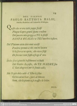 Del Signor Paolo Battista Balbi, Pubblico Professore nell' Università di Bologna