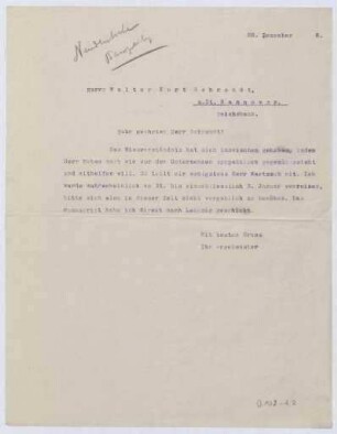Schreiben an Walter Curt Behrendt, Hannover (Brief)