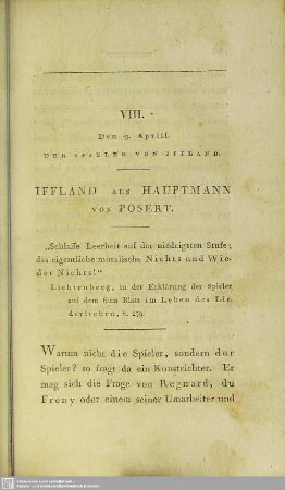 VIII. Den 9. Aprill. Der Spieler Von Iffland. Iffland Als Hauptmann Von Postert