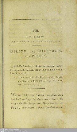 VIII. Den 9. Aprill. Der Spieler Von Iffland. Iffland Als Hauptmann Von Postert
